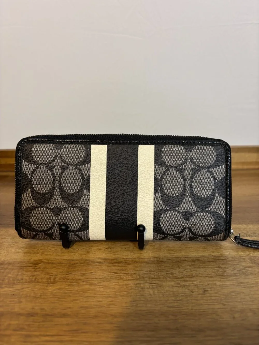 Coach Black Signature White Black Stripe Zip Around Accordion Wallet